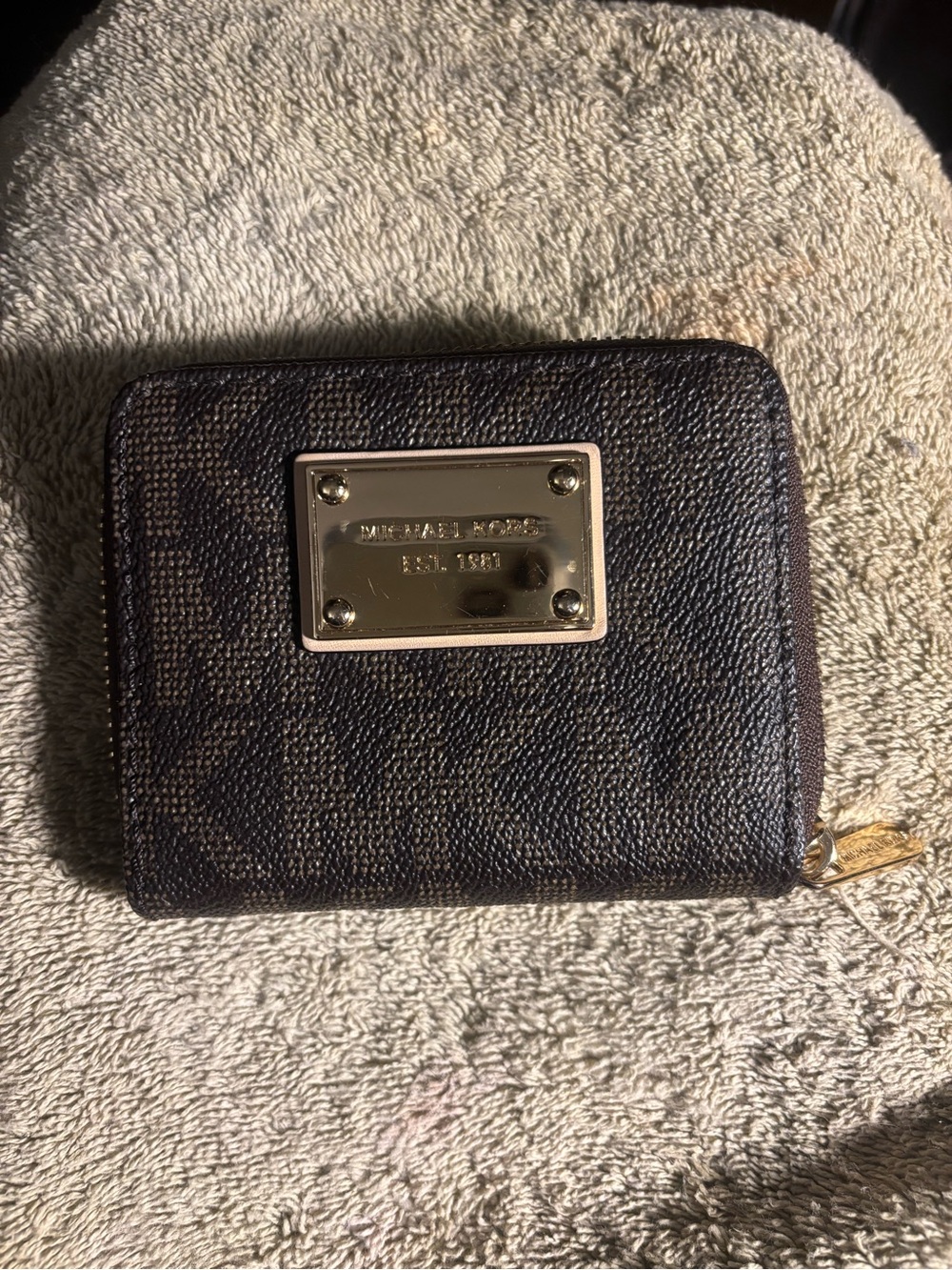 Michael Kors Brown Logo Zip Around Card Holder with Gold Plate